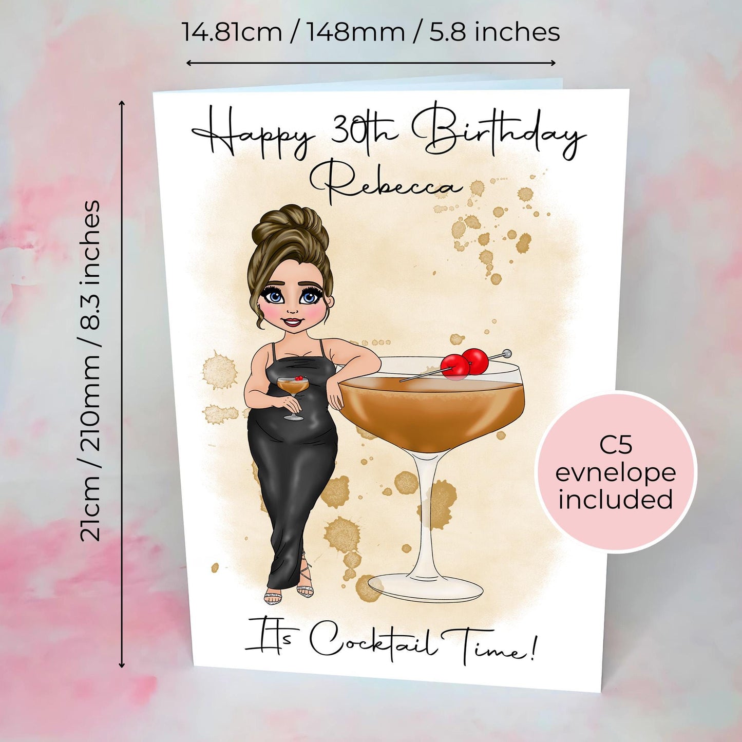 Manhattan Cocktail Birthday Card For Bestie, Boozy Cocktail Theme A5 Card with Custom Character, Hammered Cardstock With Blank Insert #G1