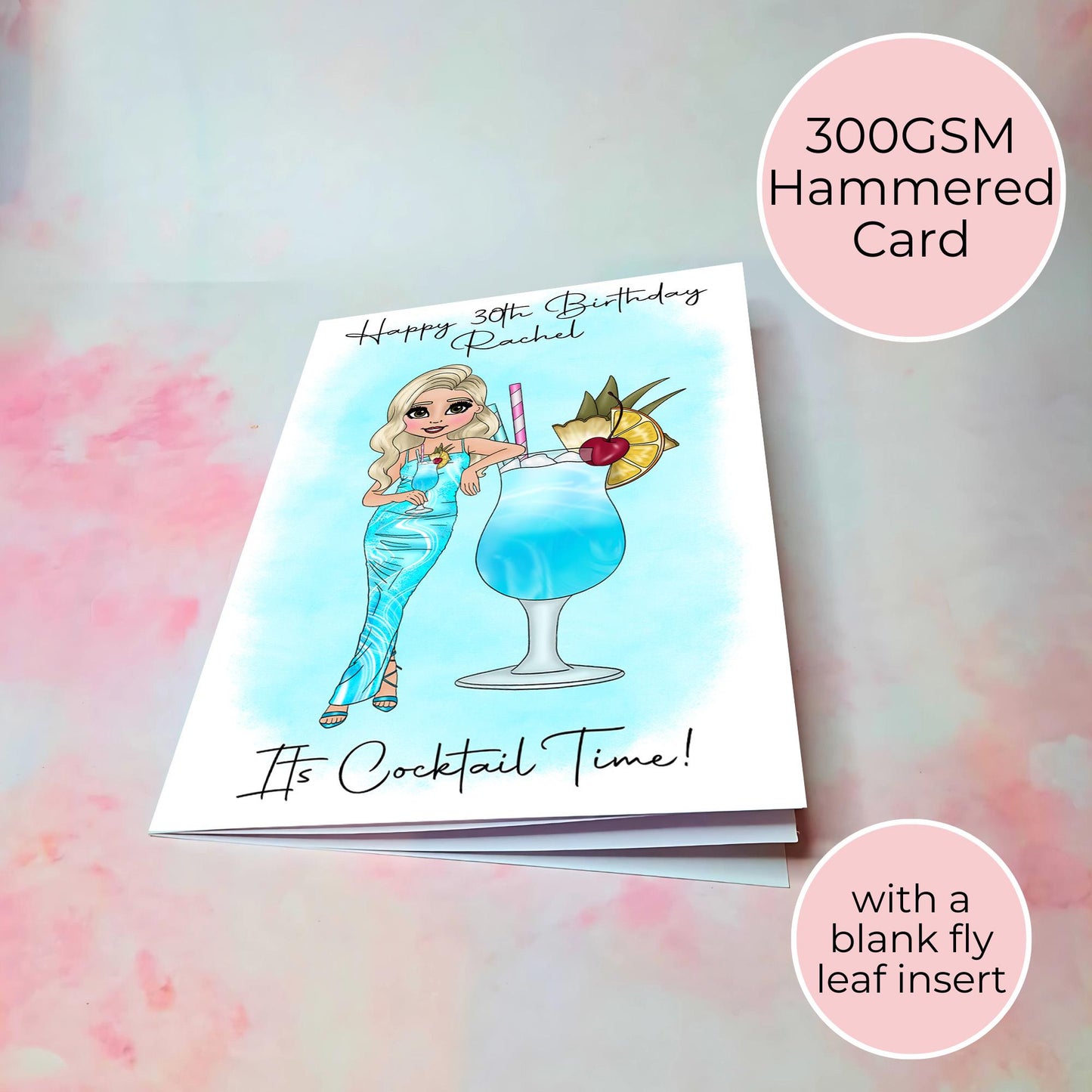 Blue Lagoon Cocktail Birthday Card A5, Custom Hammered Card for Her Milestone Birthday Card Woman, Cocktail Party Greeting Card #G1
