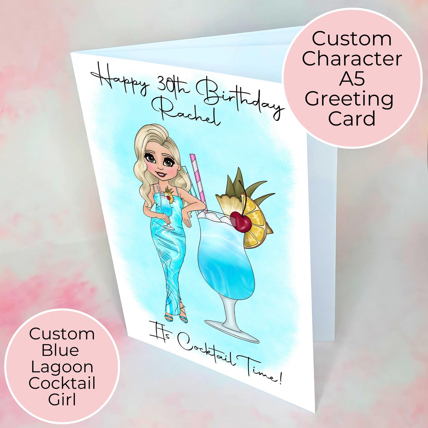 Blue Lagoon Cocktail Birthday Card A5, Custom Hammered Card for Her Milestone Birthday Card Woman, Cocktail Party Greeting Card #G1