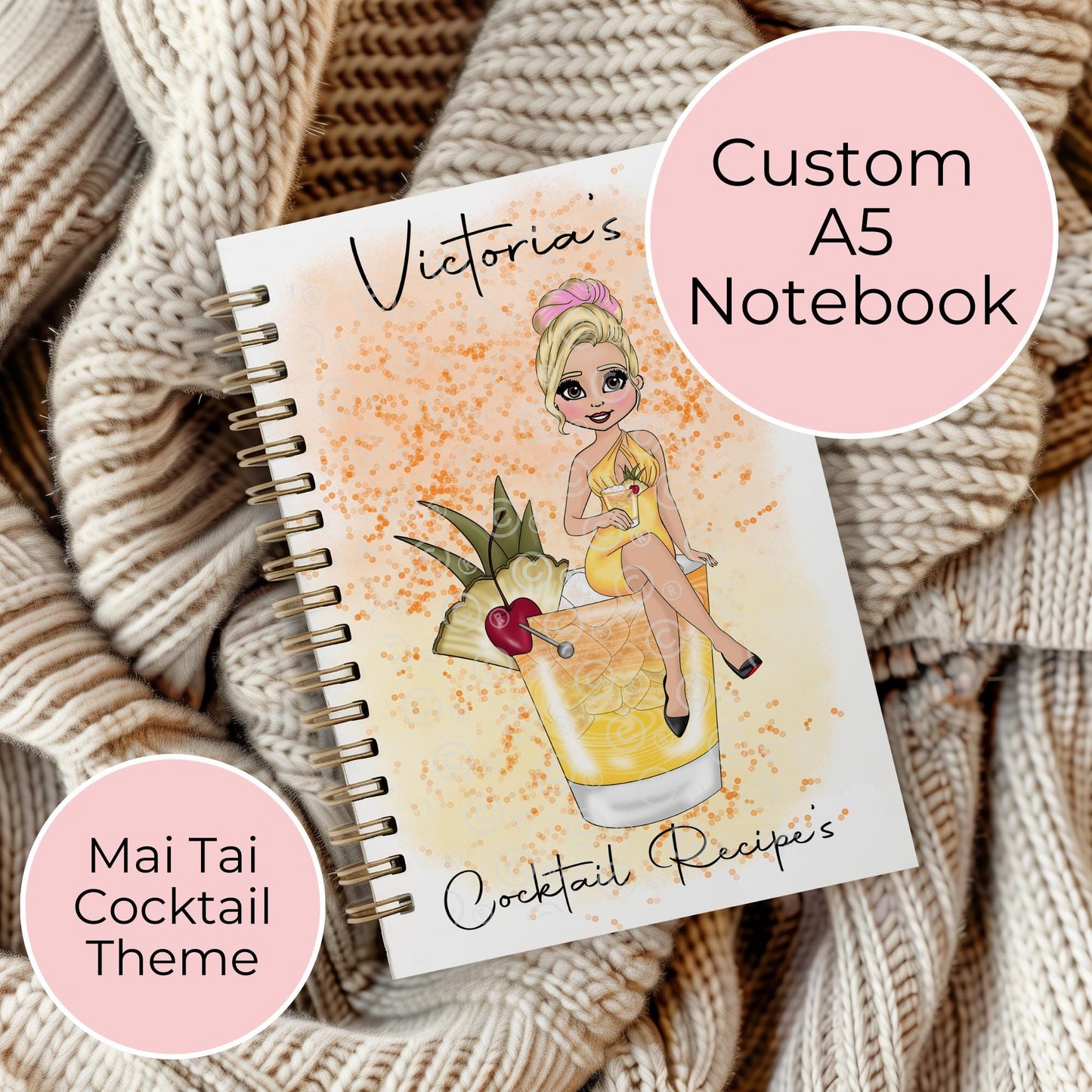 Mai Tai Customized A5 Spiral Cocktail Girl Notebook, Teacher End Of Term Cocktail Themed Gift, Practical Gift For Party Planner Bride To Be #NB