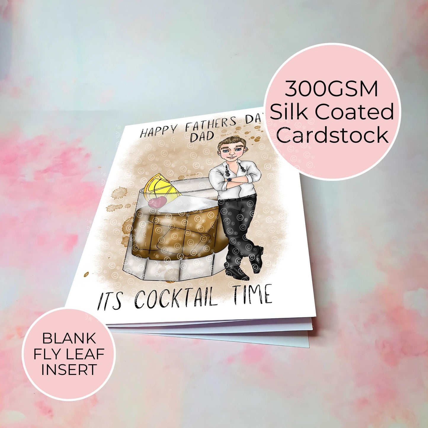 Old Fashioned Cocktail Theme A5 Personalised Father's Day Card for Dad or Grandad, Smart Black Tie Character Illustrated Gift for Him #G2