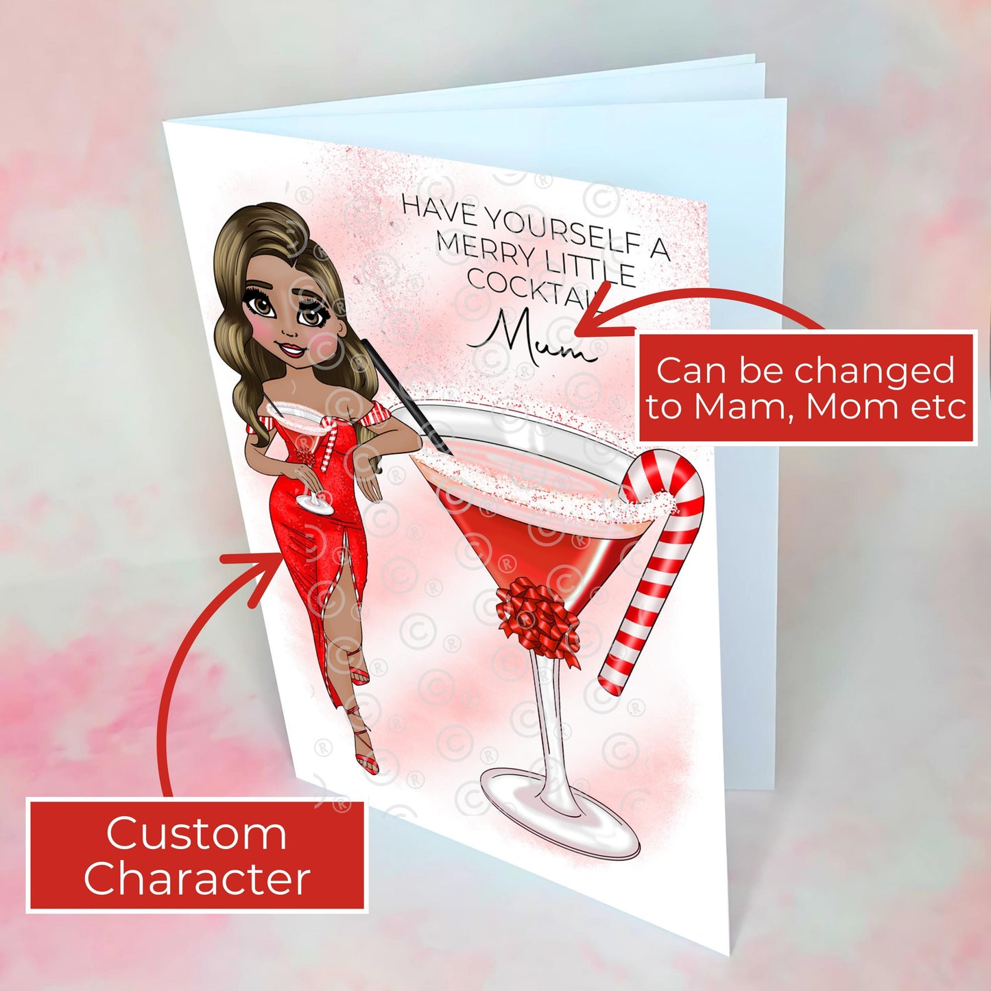 Personalised Mum Candy Cane Cocktail Christmas Card, A5 Have Yourself A Merry Little Cocktail Mum Card, Xmas Card From A Daughter Or Son #CC