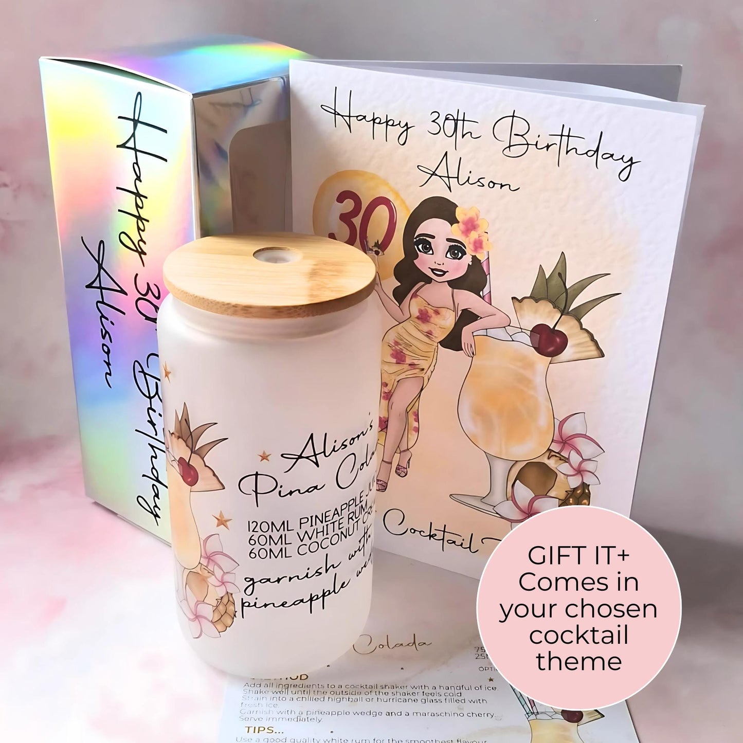 Pina Colada 16oz Frosted Libby Glass With Custom Character & Cocktail Recipe, Ladies Hen Cocktail Tumbler For Her, Milestone Birthday Gift #FL