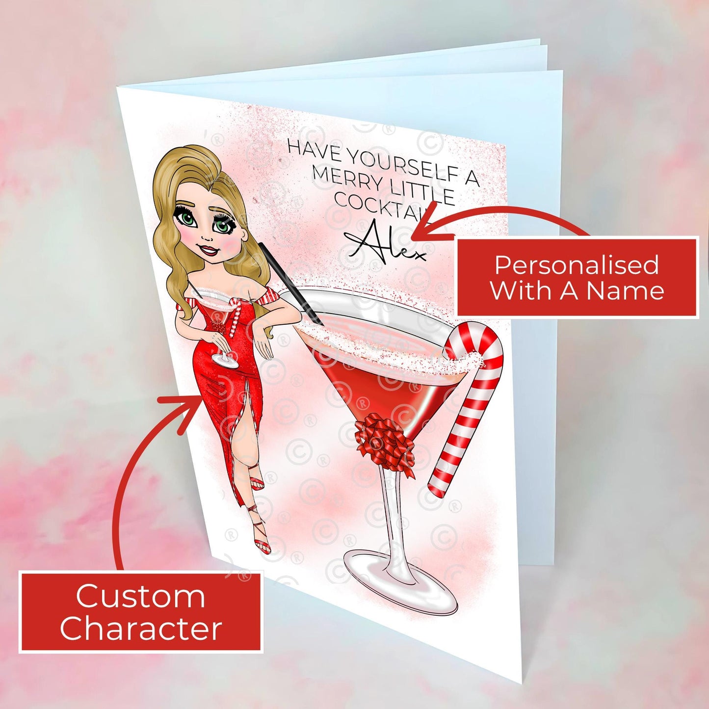 Personalised Friend Candy Cane Cocktail Themed Christmas Card, A5 Have Yourself A Merry Little Cocktail Bestie Xmas Card From A Neighbour #CC