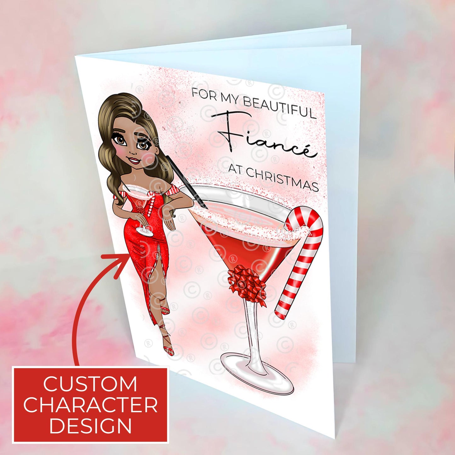 Personalised Fiancée Candy Cane Cocktail Christmas Card, Custom Character Card For My Beautiful Fiancé At Christmas A5 Festive Hammered Card From Fiancé #CC