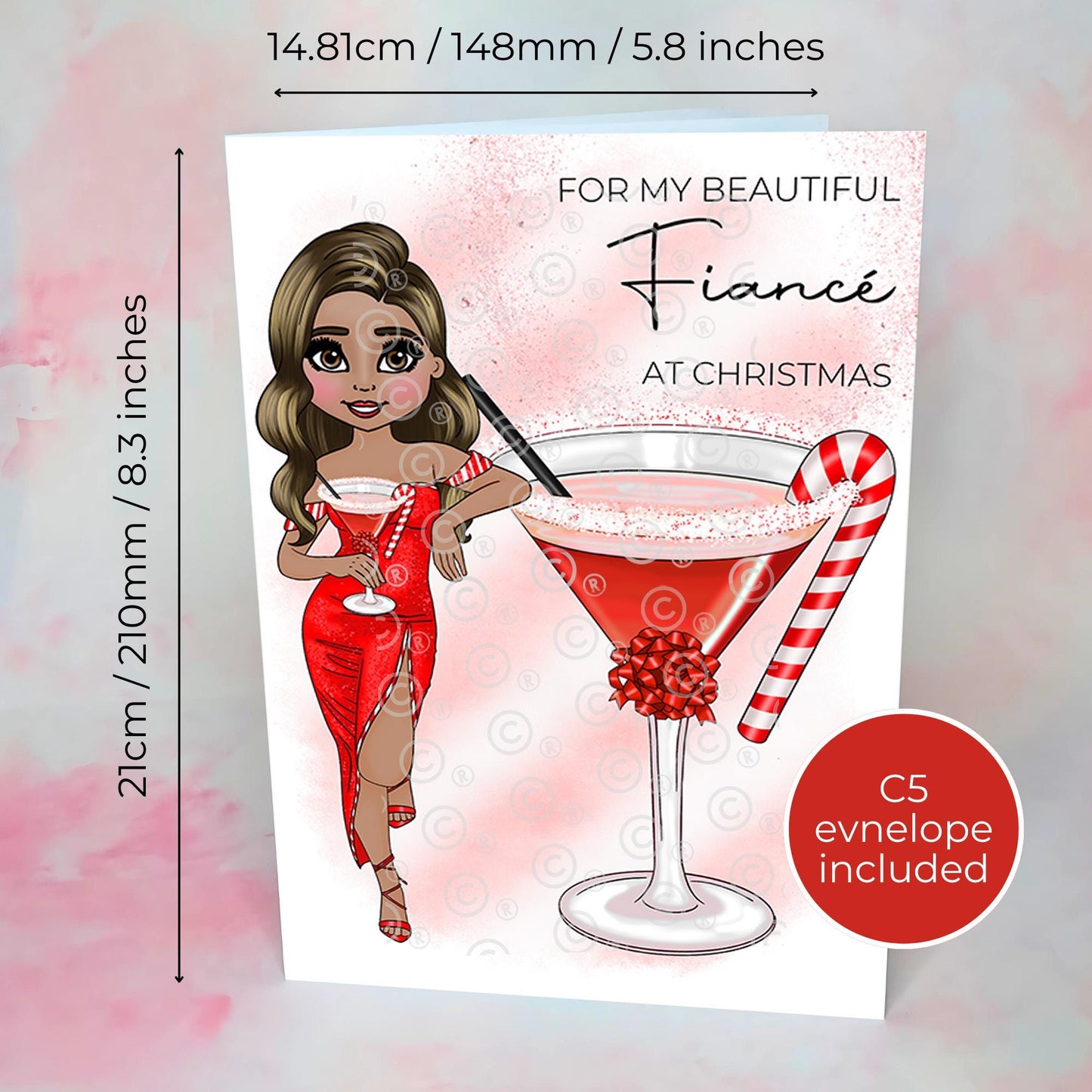 Personalised Fiancée Candy Cane Cocktail Christmas Card, Custom Character Card For My Beautiful Fiancé At Christmas A5 Festive Hammered Card From Fiancé #CC
