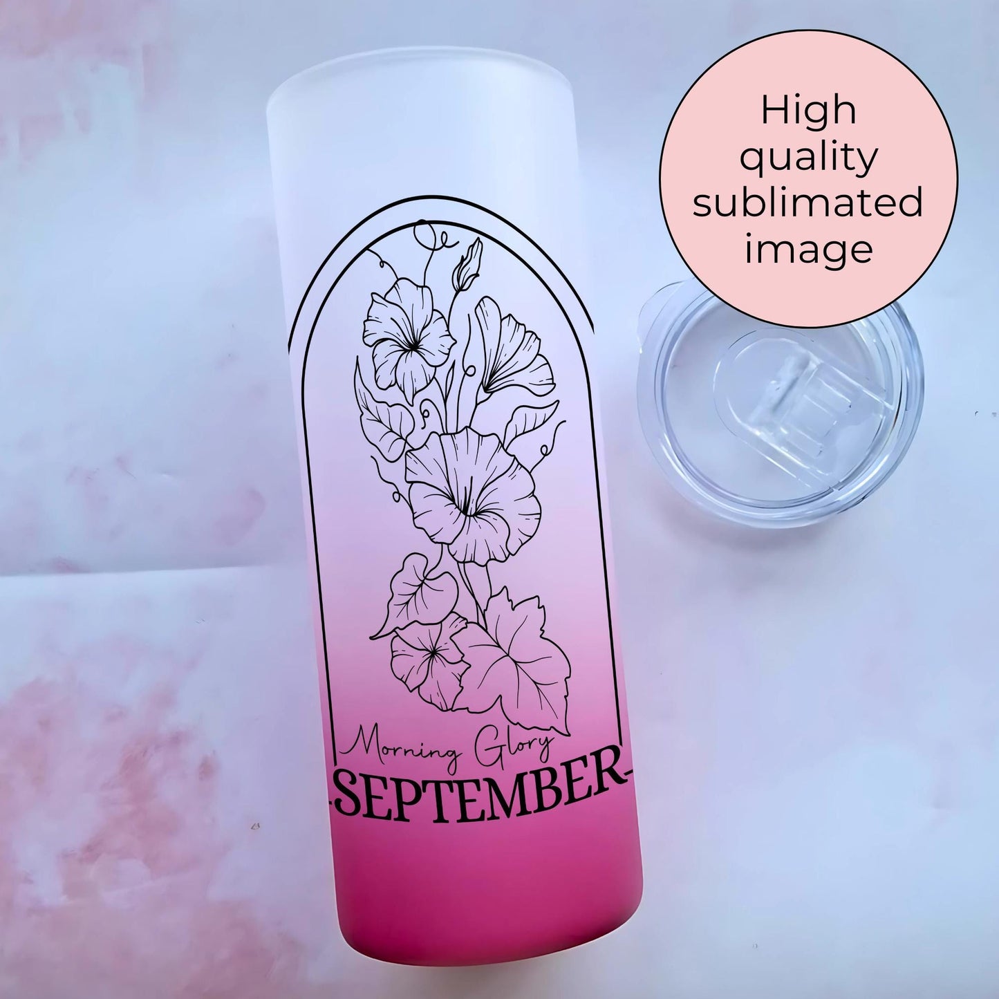 20oz Ombre September Morning Glory Birth Flower Tumbler, Monochrome Line Art Floral Tumbler Design, Gift Her Her Birthday Or Chirstmas #BF