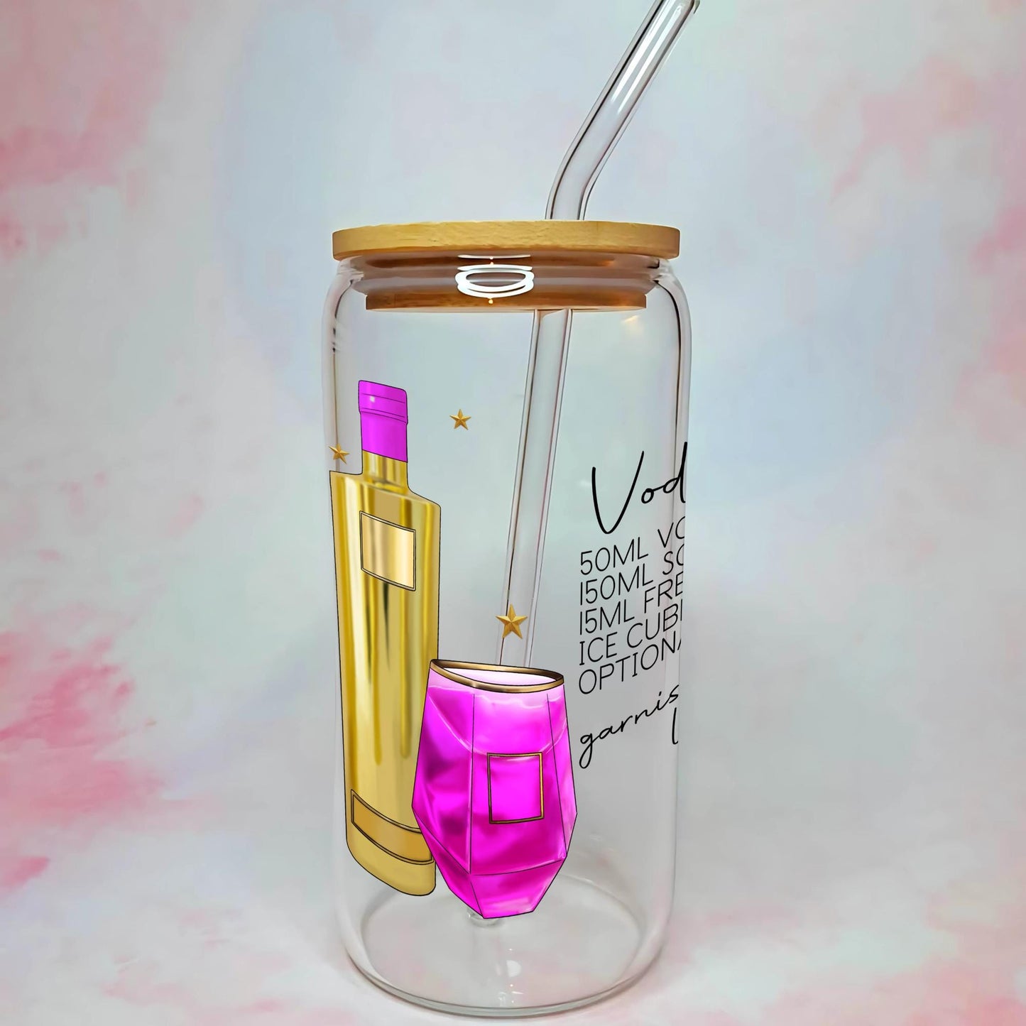The Vodka Girl Cocktail Recipe Tumble, Pink AU Vodka Clear Glass Tumbler with Bamboo Lid #CL