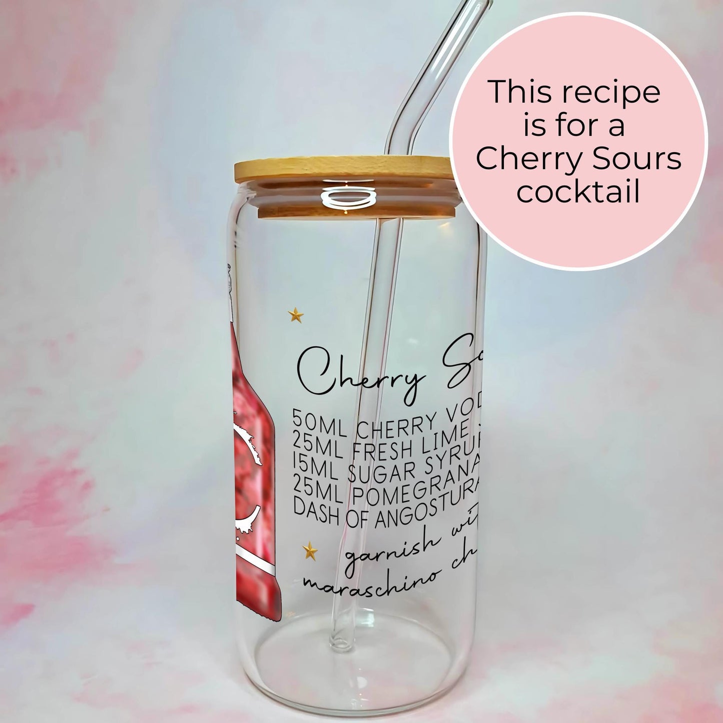 Cherry Sours Cocktail Recipe Glass with Bamboo Lid & Straw #CL