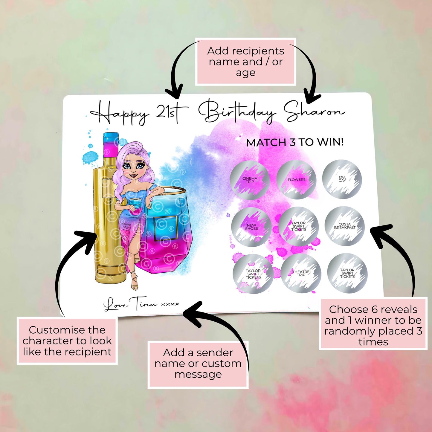 The Vodka Girl Personalised Novelty Cocktail A5 Scratch Panel Gift Reveal Card, Scratch Reveal Gift Match 3 To Win Gift Surprise, Secret Santa #SC
