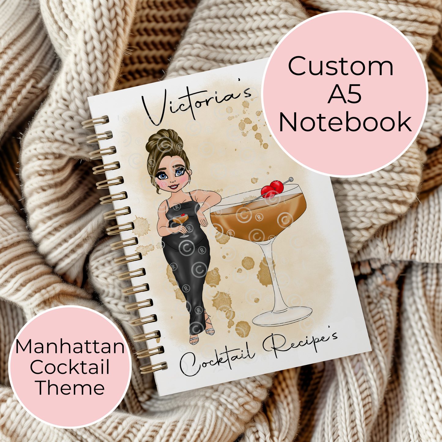 Manhattan A5 Personalised Spiral Bound Notebook, Custom Cocktail Recipe Journal For Her Milestone Birthday, Whisky Cocktail Gift #NB