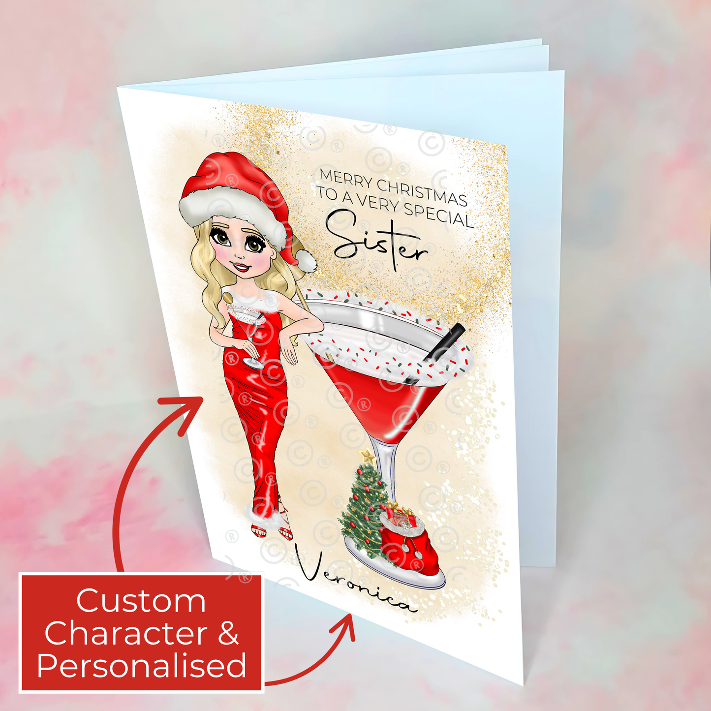 Personalised Sister Candy Cane Cocktail Mrs Clausmopolitan Christmas Card, A5 Hammered Card Festive Holiday Greeting, Cute Cocktail Christmas Card for Sister #CC