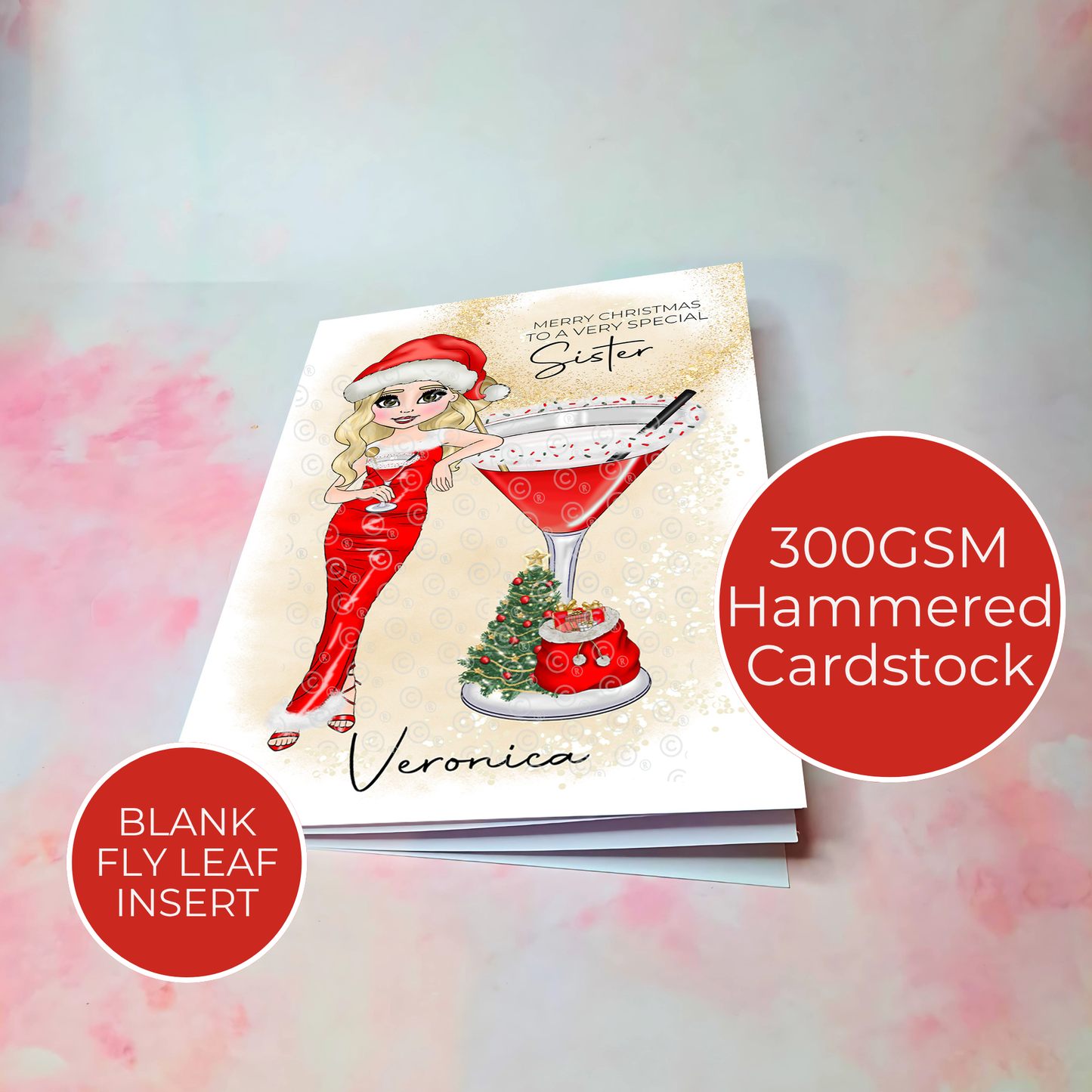 Personalised Sister Candy Cane Cocktail Mrs Clausmopolitan Christmas Card, A5 Hammered Card Festive Holiday Greeting, Cute Cocktail Christmas Card for Sister #CC