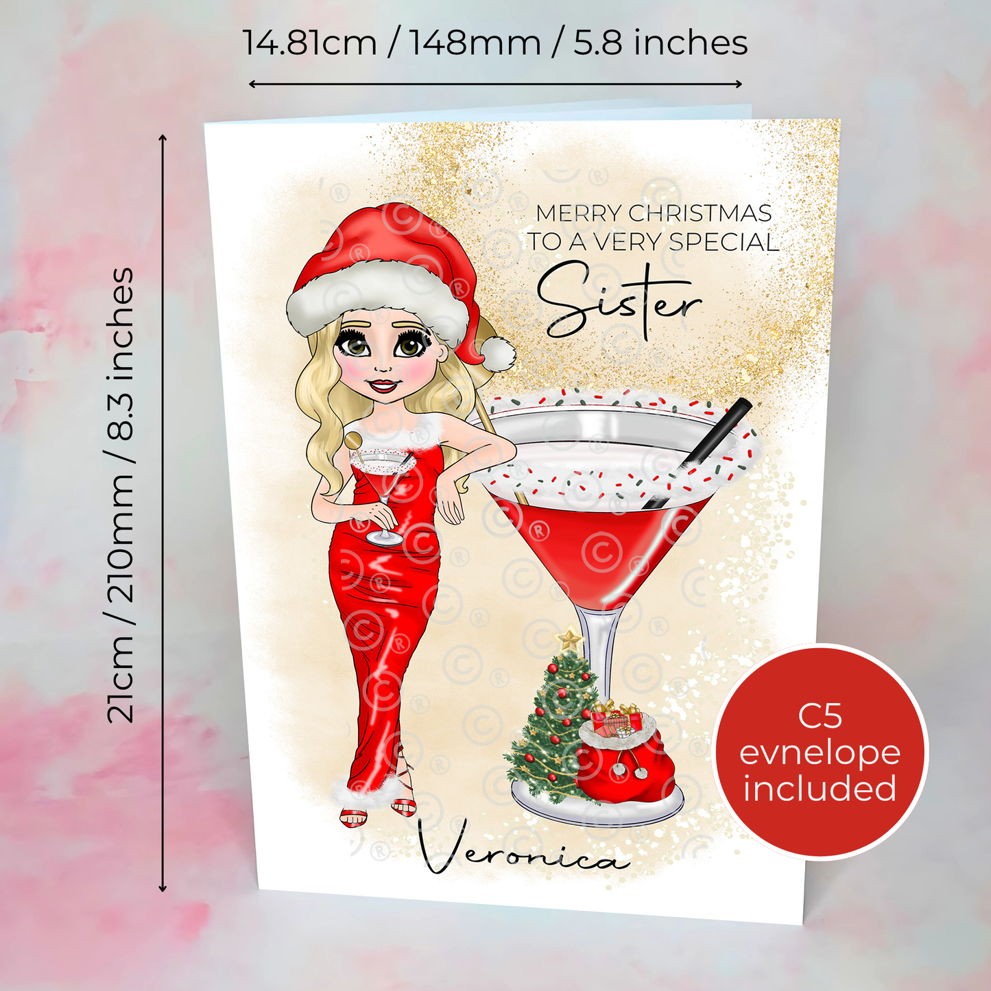 Personalised Sister Candy Cane Cocktail Mrs Clausmopolitan Christmas Card, A5 Hammered Card Festive Holiday Greeting, Cute Cocktail Christmas Card for Sister #CC