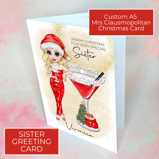 Personalised Sister Candy Cane Cocktail Mrs Clausmopolitan Christmas Card, A5 Hammered Card Festive Holiday Greeting, Cute Cocktail Christmas Card for Sister #CC