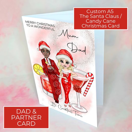 Personalised A5 Mum And Dad Candy Cane Cocktail Christmas Card, Christmas Wishes For Parents From A Son Or Daughter, Festive Cocktail Card #CC