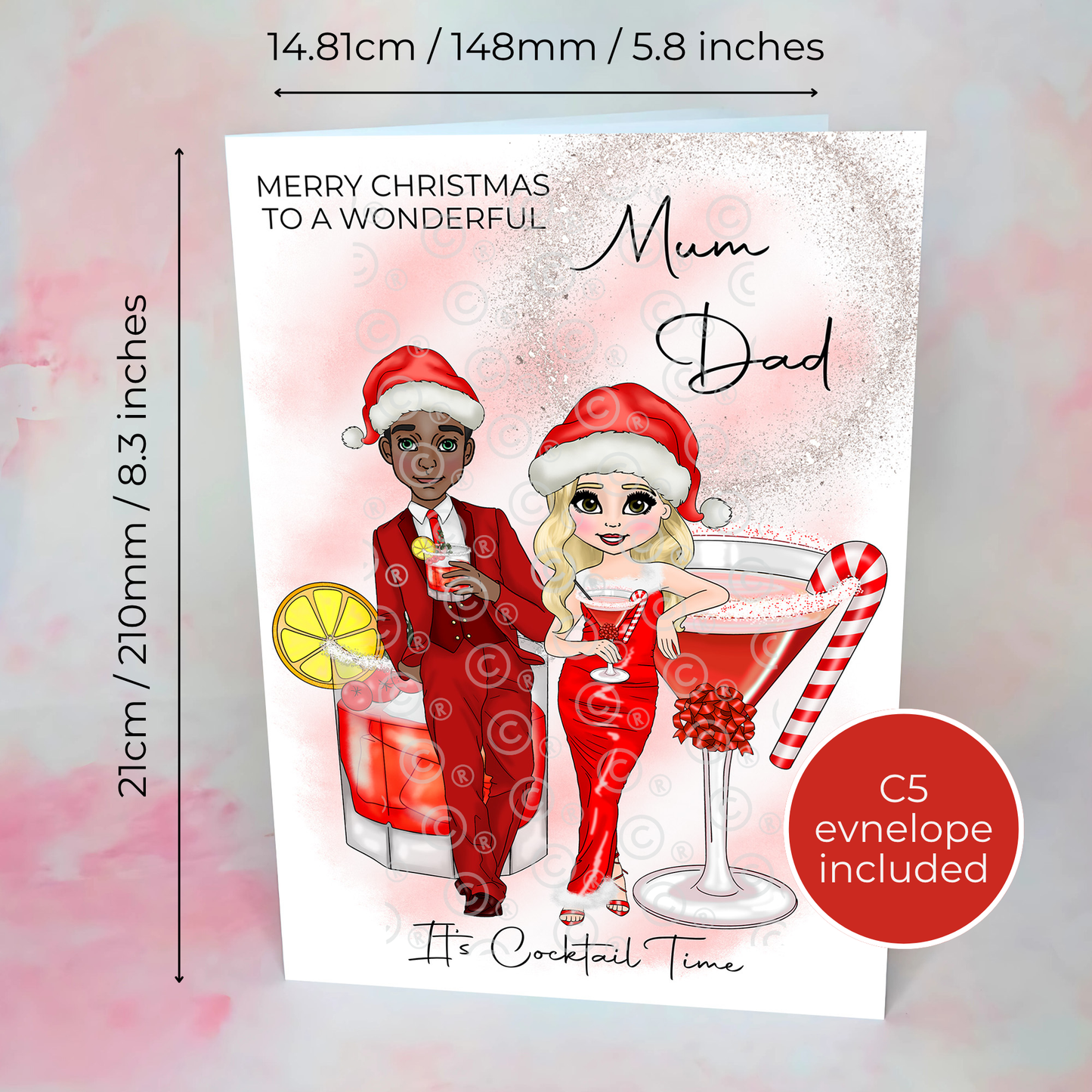Personalised A5 Mum And Dad Candy Cane Cocktail Christmas Card, Christmas Wishes For Parents From A Son Or Daughter, Festive Cocktail Card #CC