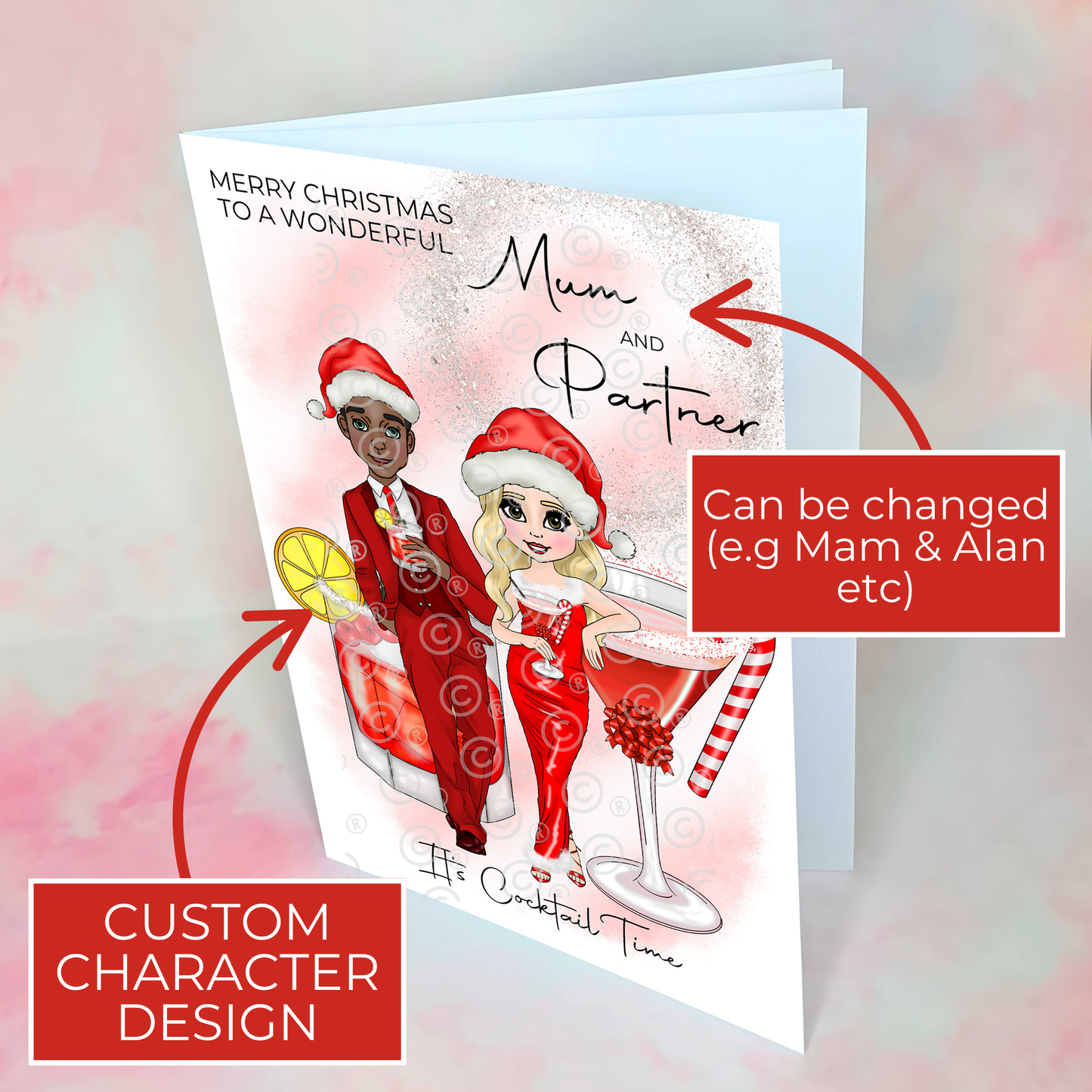 Personalised A5 Mum And Partner Candy Cane Cocktail Christmas Card, Christmas Wishes For Parents From A Son Or Daughter, Festive Cocktail #CC