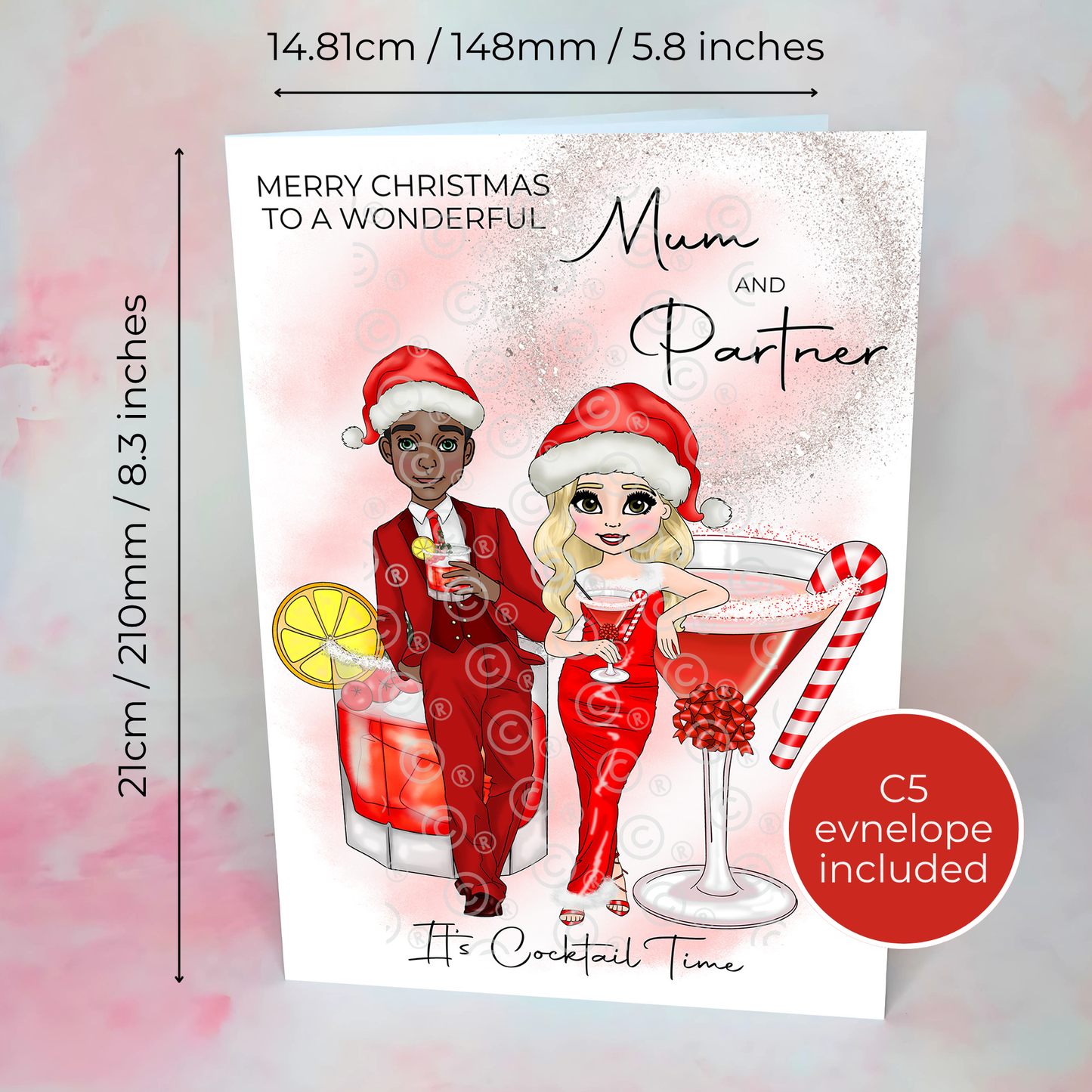 Personalised A5 Mum And Partner Candy Cane Cocktail Christmas Card, Christmas Wishes For Parents From A Son Or Daughter, Festive Cocktail #CC