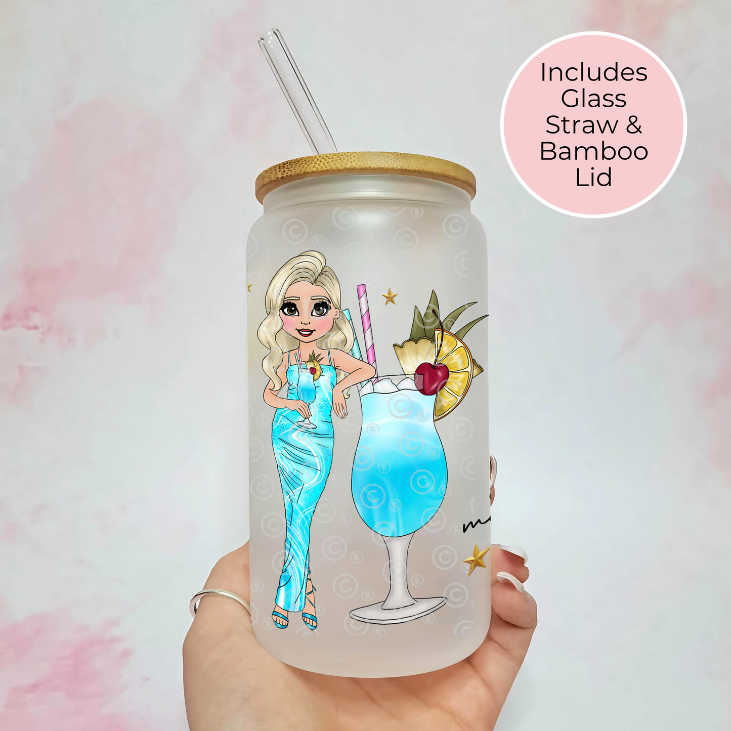 Blue Lagoon 16oz Custom Character Cocktail Recipe Glass, Frosted Glass With Cocktail Design, Girls Cocktail Party Themed Gift For Her #FL