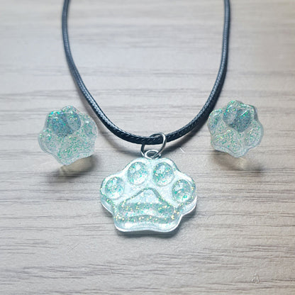 Glitter Pink / Blue Paw Print Jewellery Set, Sparkly Holographic Glitter Necklace And Stud Set, Gift For Her, Animal Lover Gift, Jewellery