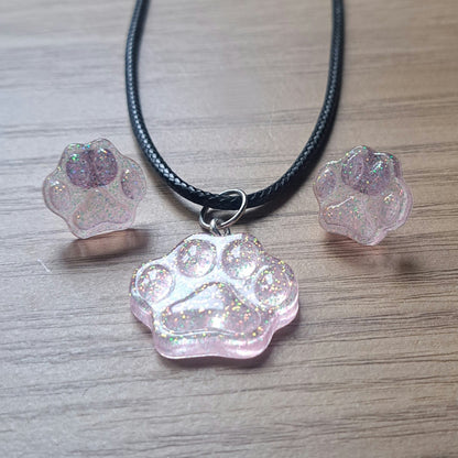 Glitter Pink / Blue Paw Print Jewellery Set, Sparkly Holographic Glitter Necklace And Stud Set, Gift For Her, Animal Lover Gift, Jewellery