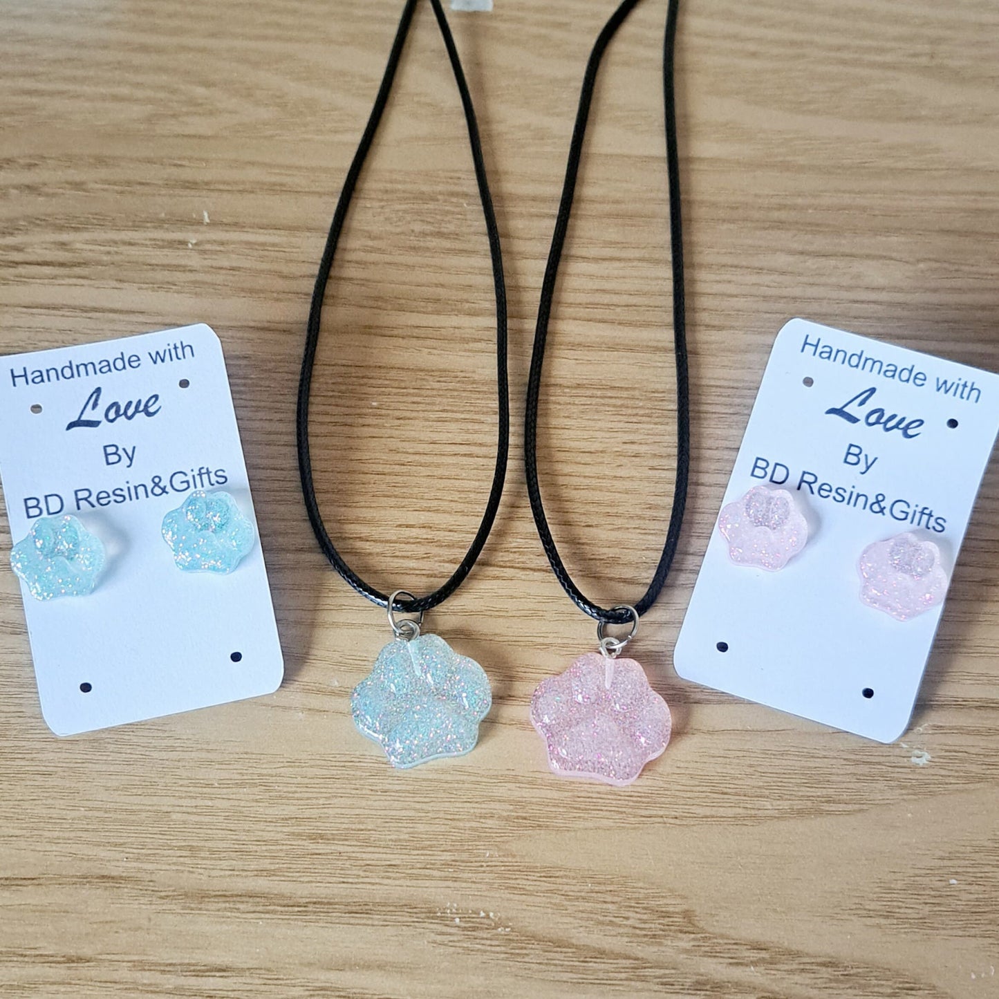 Glitter Pink / Blue Paw Print Jewellery Set, Sparkly Holographic Glitter Necklace And Stud Set, Gift For Her, Animal Lover Gift, Jewellery