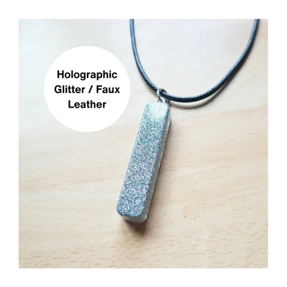 Holographic Silver Rectangular Bar Pendant, Rectangle Barn Necklace Pendant, Faux Waxed Corded Leather Chain, Silver Glitter Sparkle Gift