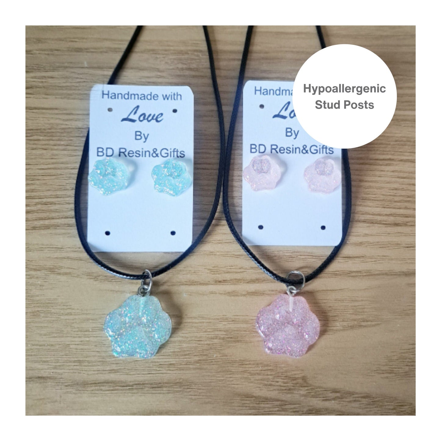 Glitter Pink / Blue Paw Print Jewellery Set, Sparkly Holographic Glitter Necklace And Stud Set, Gift For Her, Animal Lover Gift, Jewellery