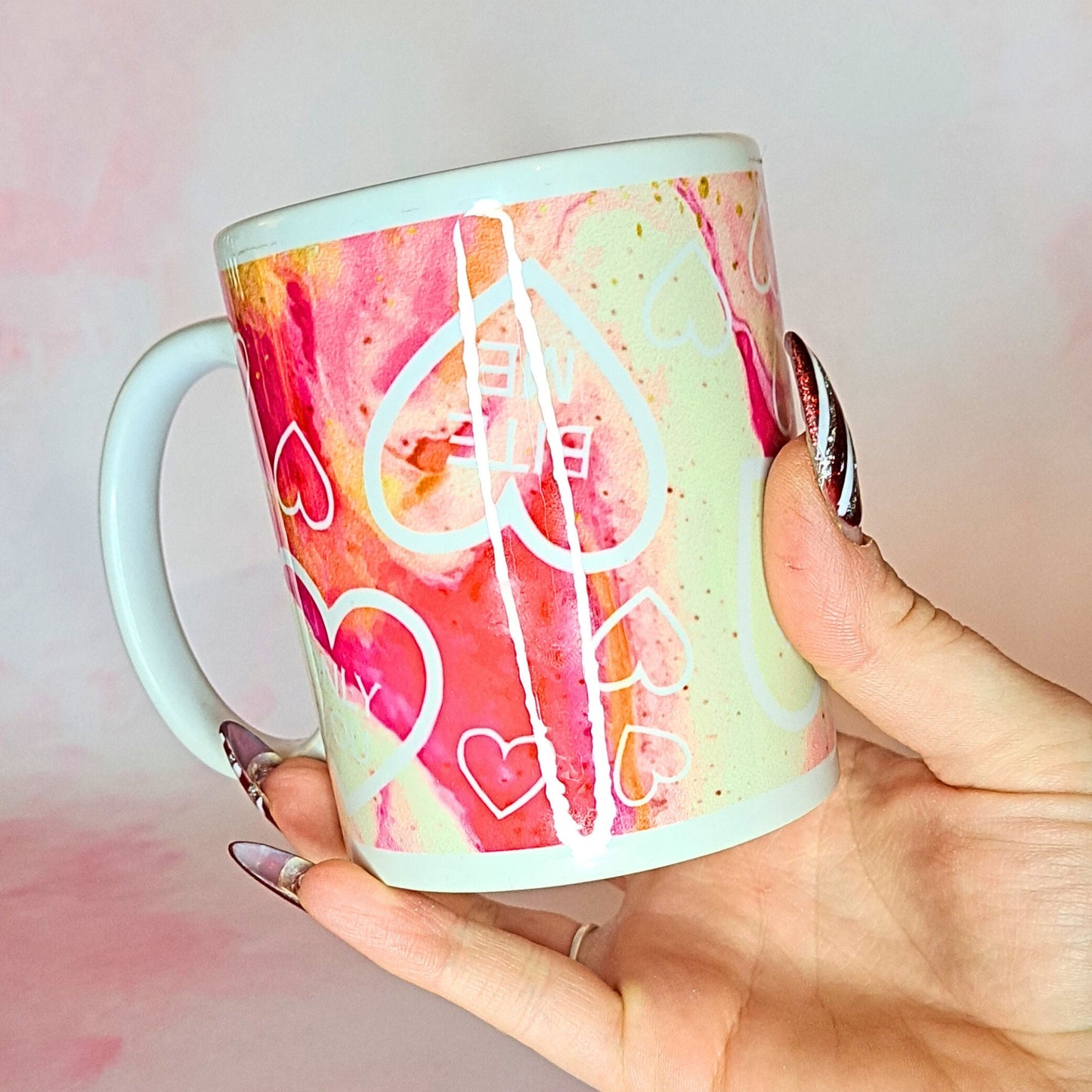 Pink Marble Effect Hearts Ceramic Mug