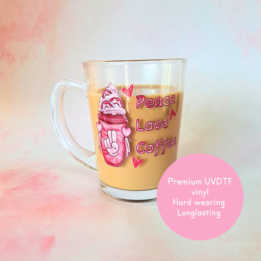 Peace Love Coffee Glass Valentines Coffee Mug Gift For Her, Clear Glass Mug With Pink Coffee Decal, Coffee Lover Gift, Ladies Pink Coffee