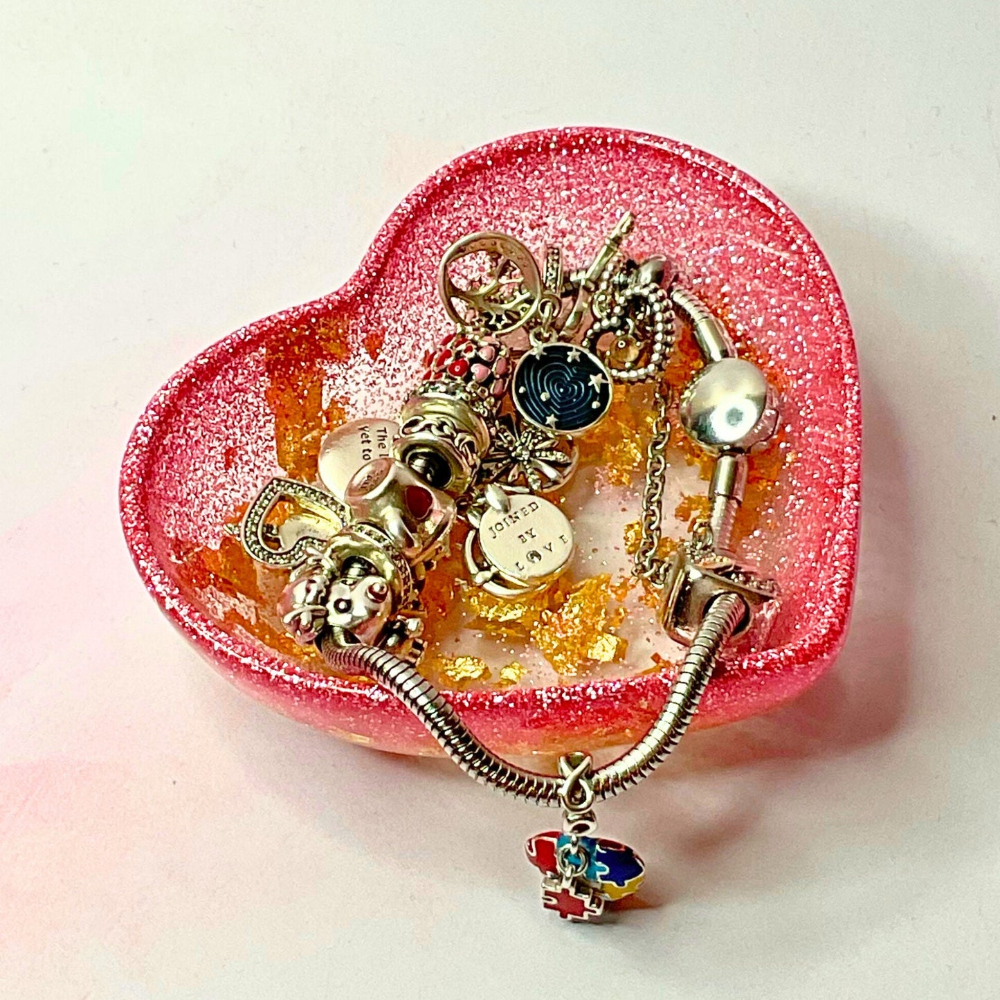 Pink Glitter & Gold Flake Heart Shaped Bowl