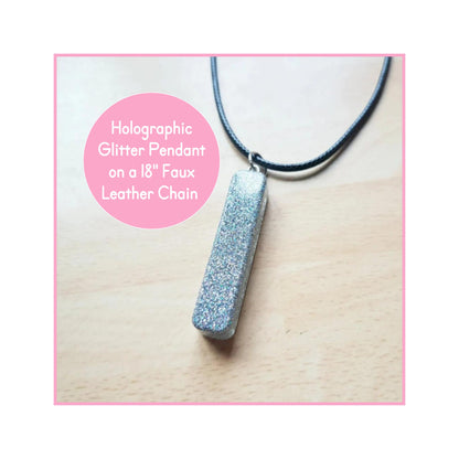 Holographic Silver Rectangular Bar Pendant, Rectangle Barn Necklace Pendant, Faux Waxed Corded Leather Chain, Silver Glitter Sparkle Gift