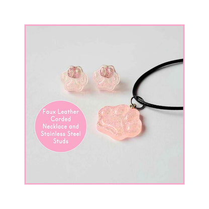 Glitter Pink / Blue Paw Print Jewellery Set, Sparkly Holographic Glitter Necklace And Stud Set, Gift For Her, Animal Lover Gift, Jewellery