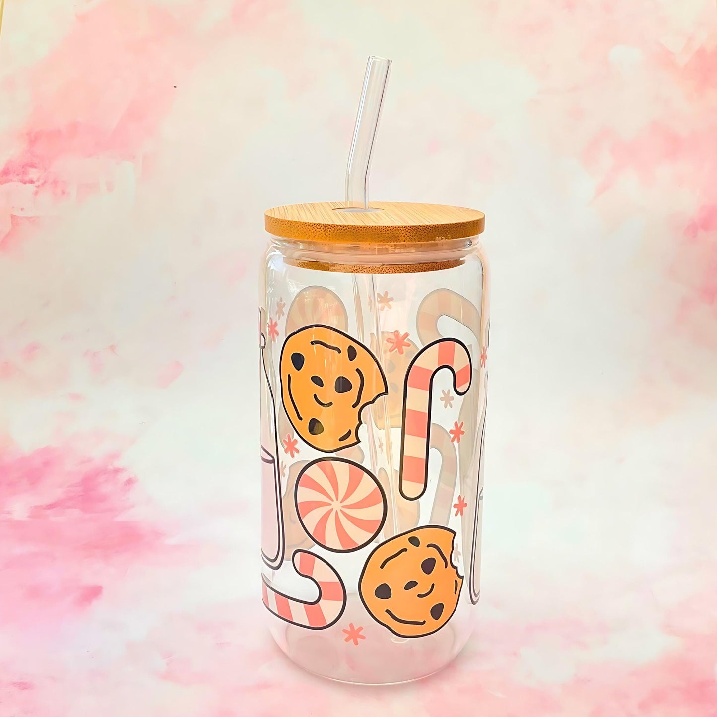 Milk Cookies And Candy Cane 16oz Libby Glass Tumbler, Stylish Christmas Drinkware For Her, Warm Cold Drink Tempered Glass With Glass Straw #CG #CL