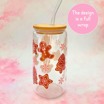 Cartoon Gingerbread Biscuit Assortment 16oz Libby Glass Tumbler With Glass Straw, Bamboo Lid Tempered Glass Tumbler For Warm And Cold Liquid