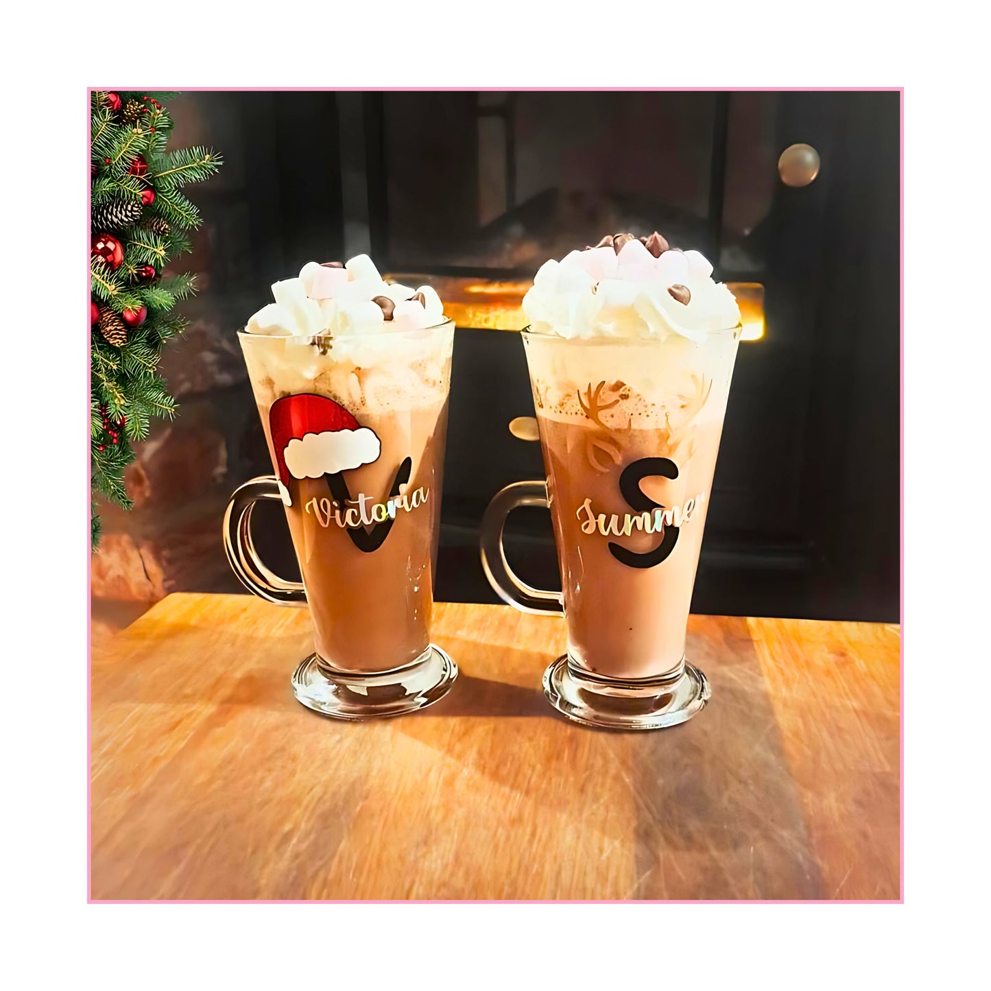 Personalized Monogram Christmas Hot Chocolate Glass, Custom Initial And Name With Antlers or Santa Hat In Glitter Vinyl, Hot Chocolate Cone #CG