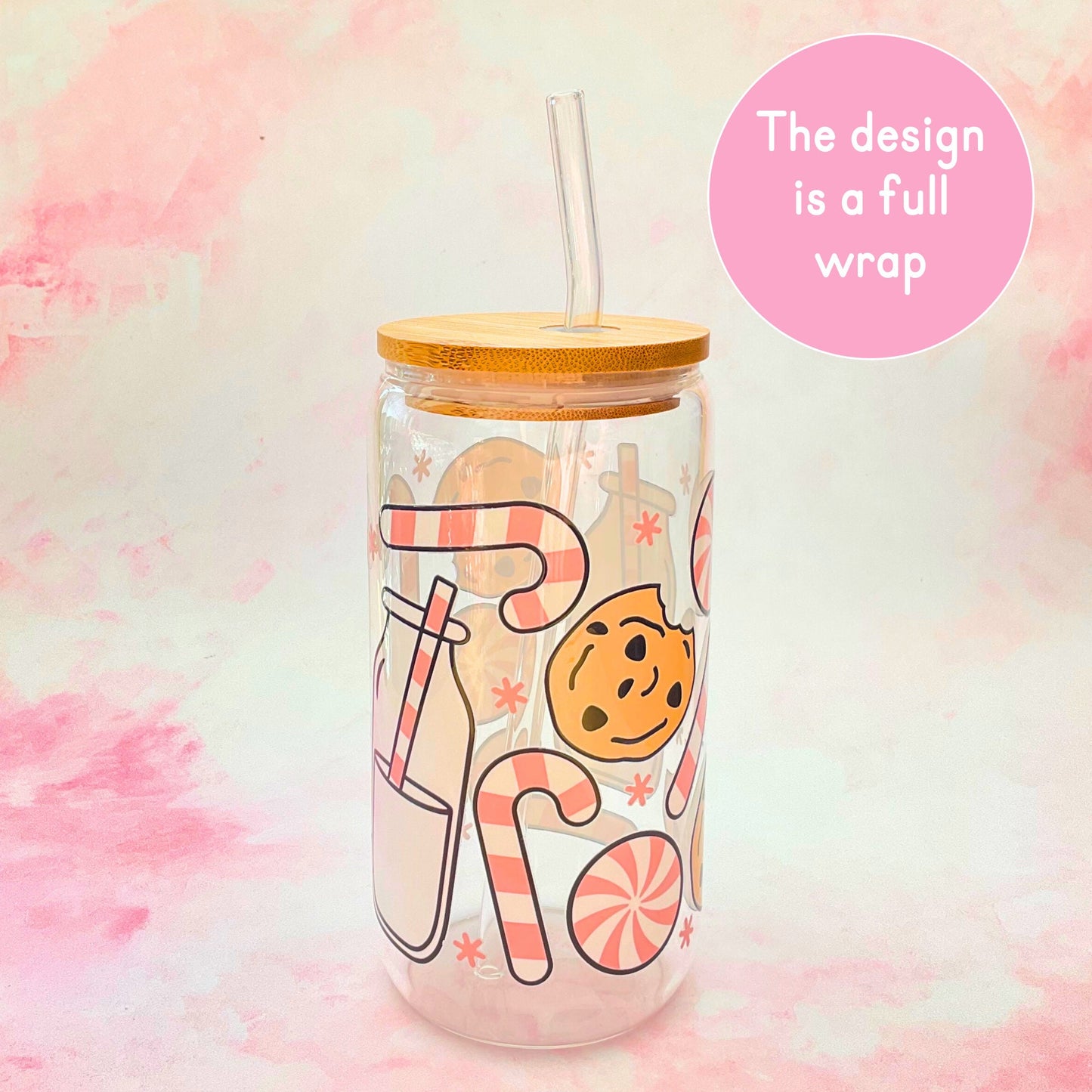 Milk Cookies And Candy Cane 16oz Libby Glass Tumbler, Stylish Christmas Drinkware For Her, Warm Cold Drink Tempered Glass With Glass Straw #CG #CL