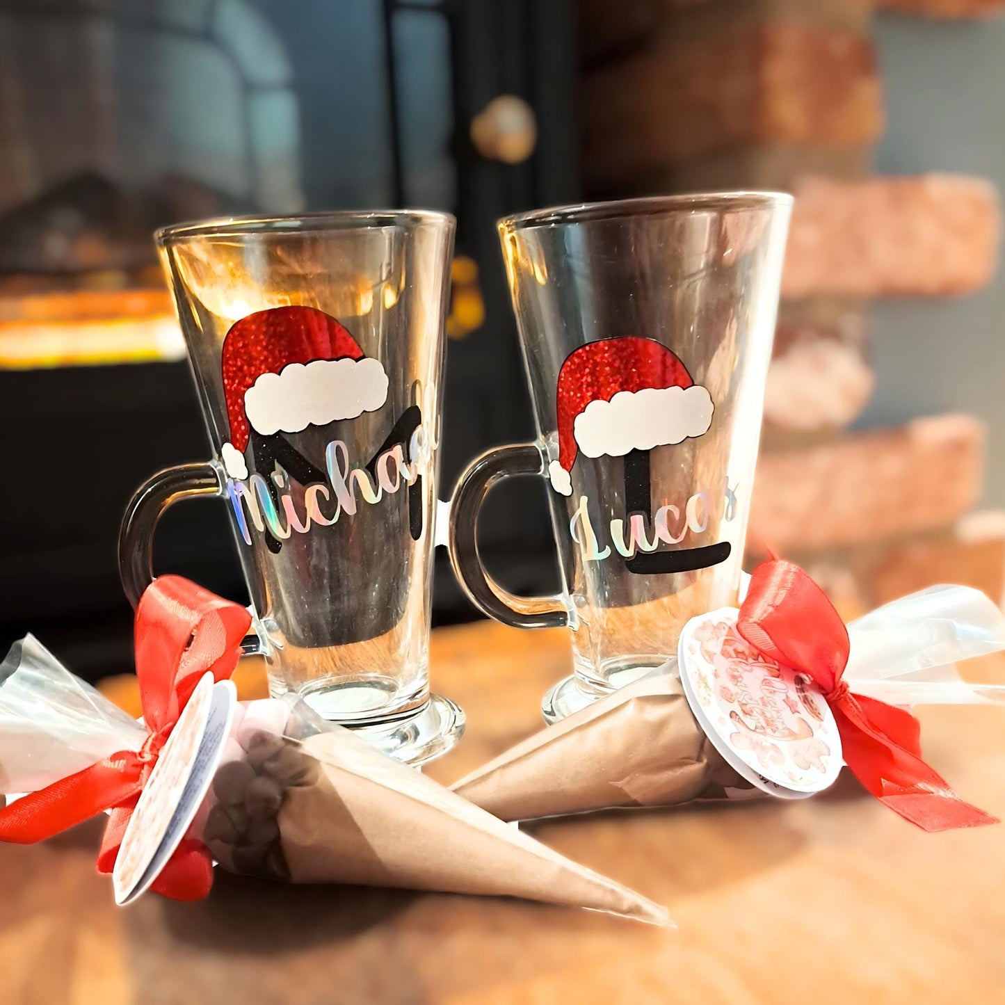 Personalized Monogram Christmas Hot Chocolate Glass, Custom Initial And Name With Antlers or Santa Hat In Glitter Vinyl, Hot Chocolate Cone #CG