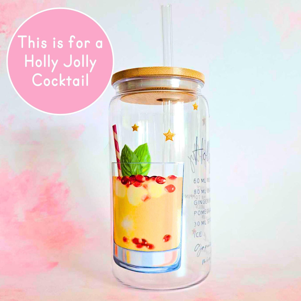 16oz Holly jolly Cocktail Recipe Glass – Clear Tumbler with Bamboo Lid #CL