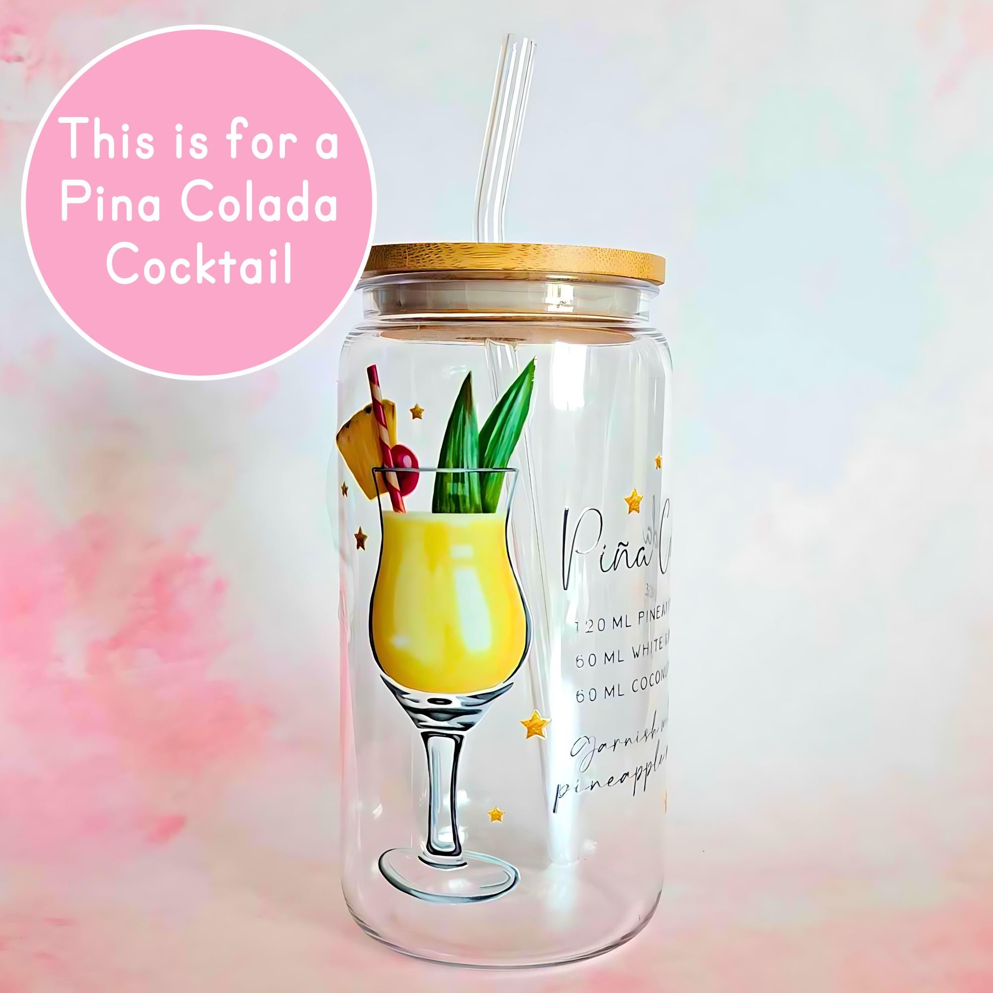 16oz Pina Colada Cocktail Recipe Glass – Clear Tumbler with Bamboo Lid #CL