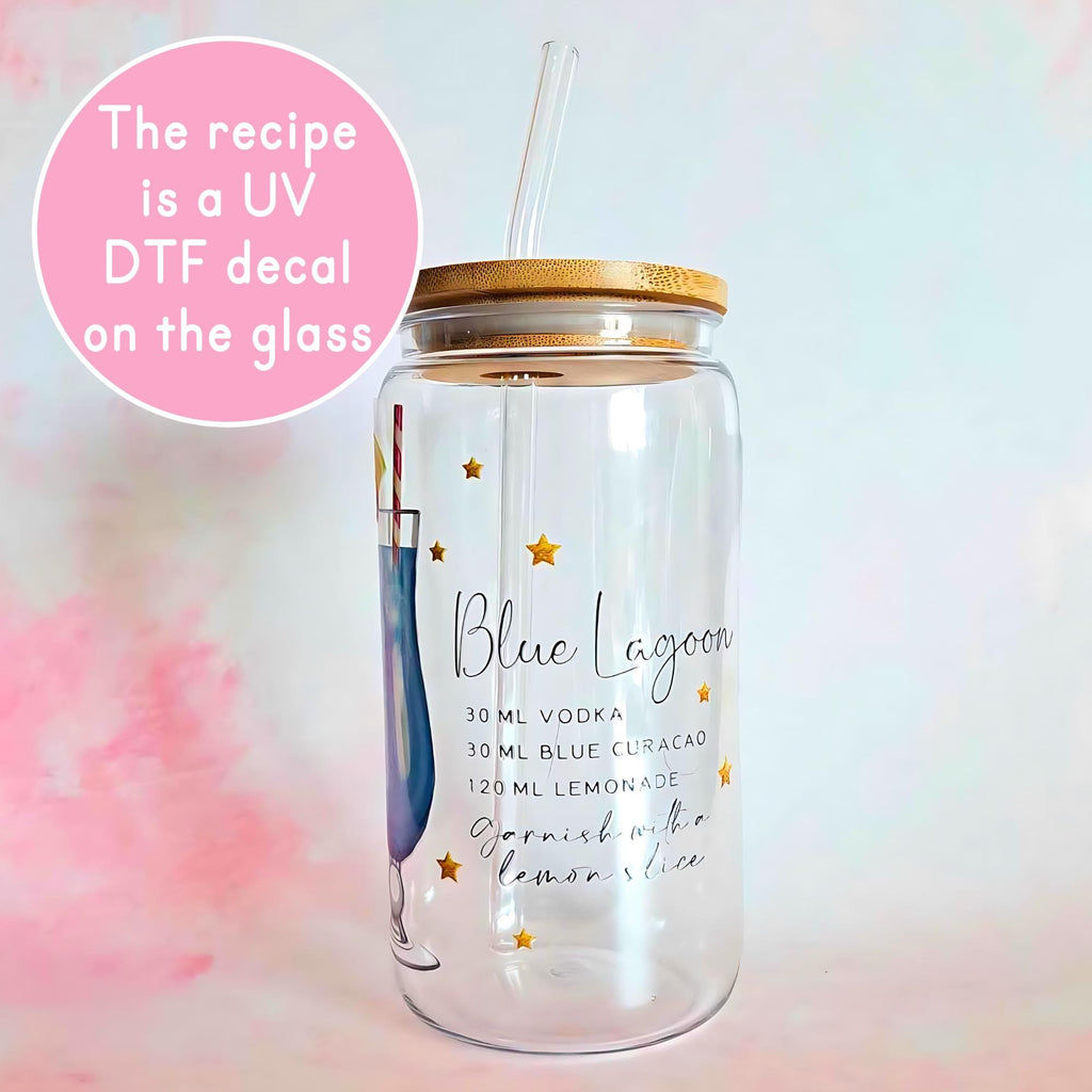 16oz Blue Lagoon Cocktail Recipe Glass – Clear Tumbler with Bamboo Lid #CL