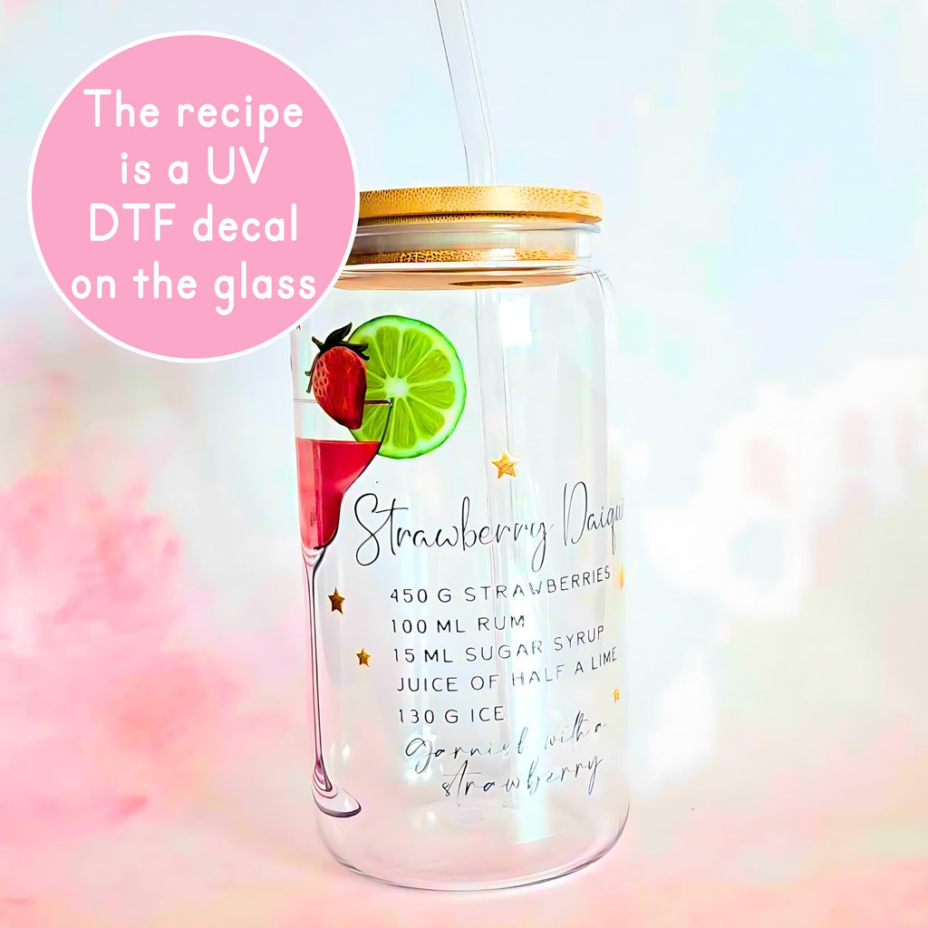 16oz Strawberry Daiquiri Cocktail Recipe Glass – Clear Tumbler with Bamboo Lid #CL