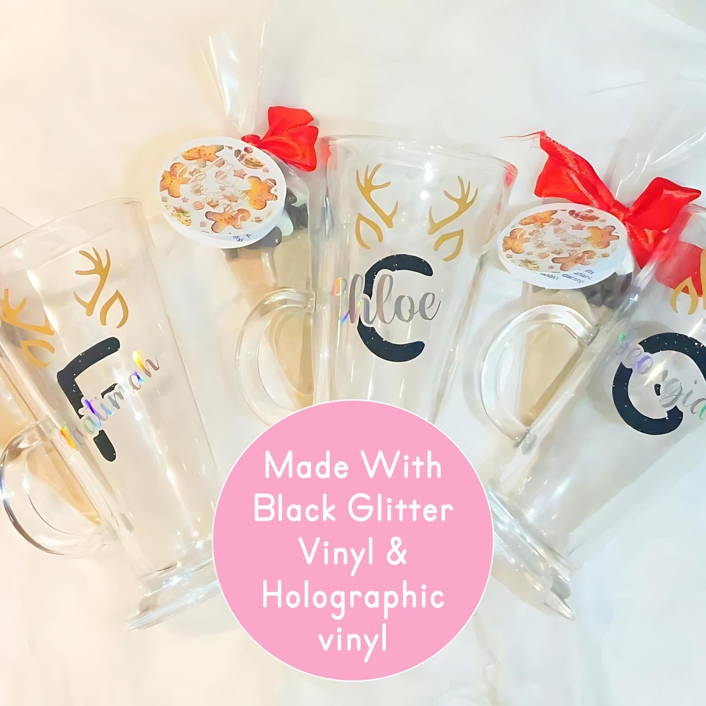 Personalized Monogram Christmas Hot Chocolate Glass, Custom Initial And Name With Antlers or Santa Hat In Glitter Vinyl, Hot Chocolate Cone #CG