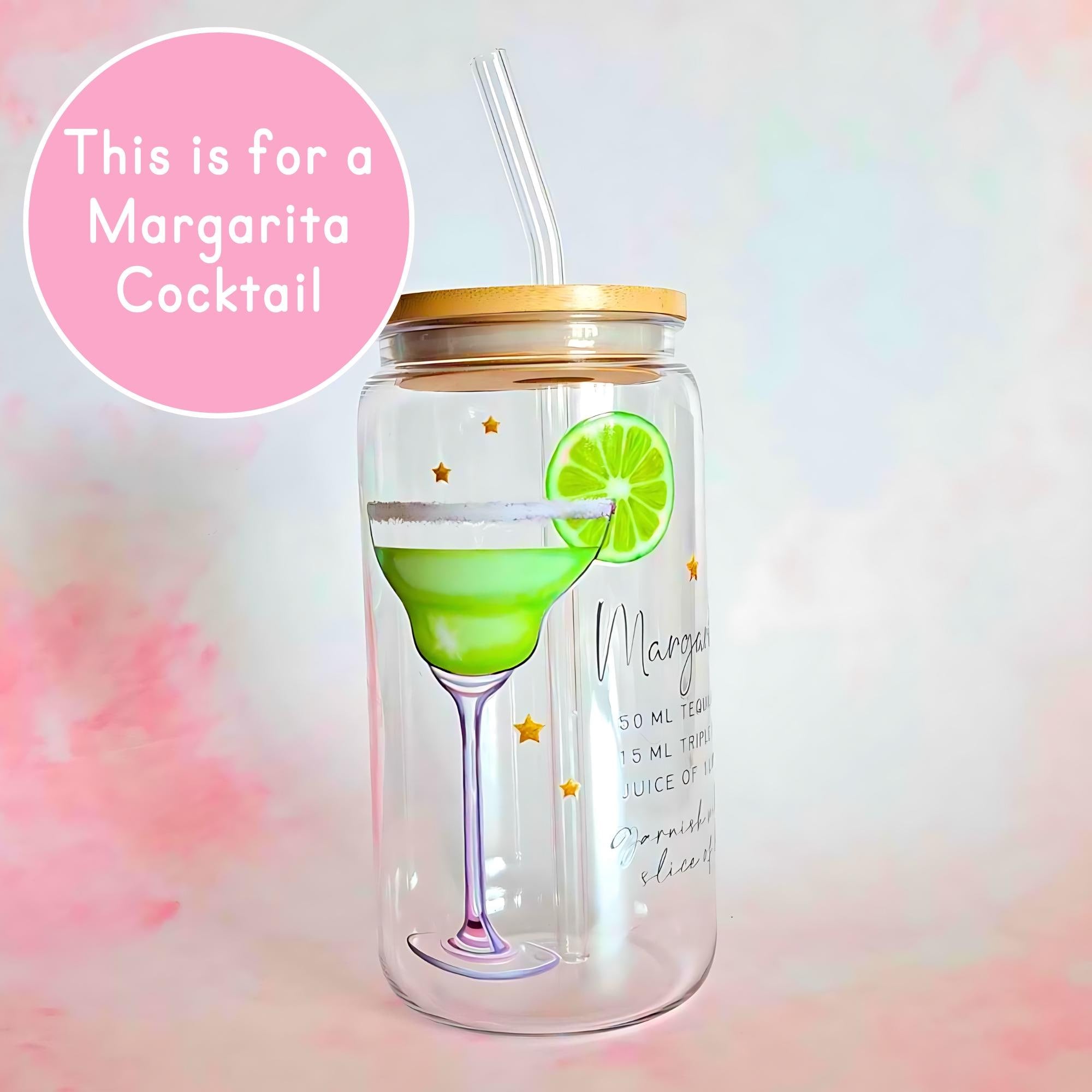 16oz Margarita Cocktail Recipe Glass – Clear Tumbler with Bamboo Lid #CL