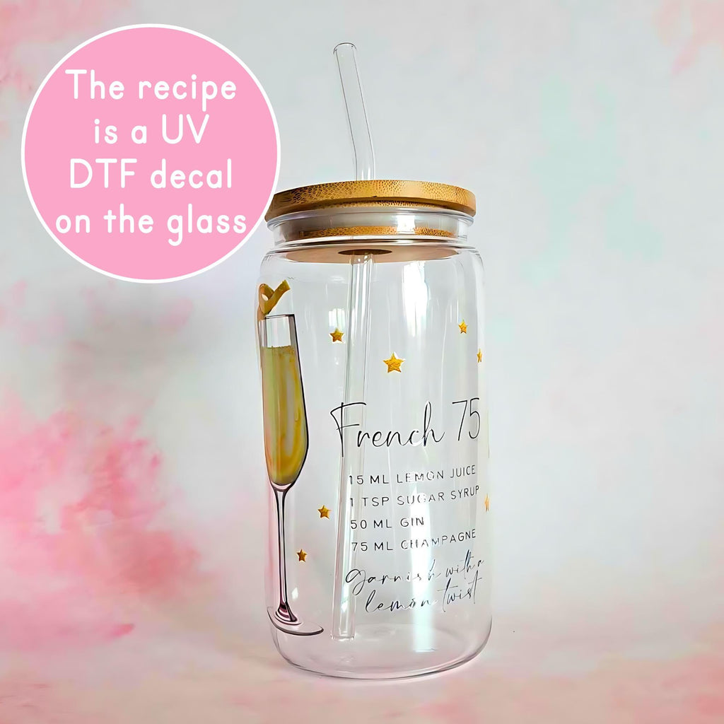 16oz French 75 Cocktail Recipe Glass – Clear Tumbler with Bamboo Lid #CL