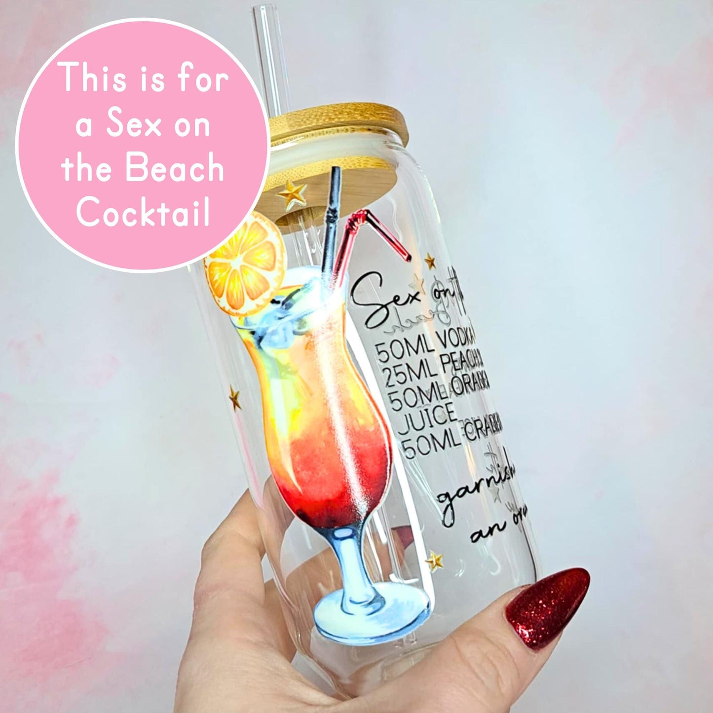 Sex on the Beach 16oz Cocktail Recipe Glass With Lid And Straw, Summer Vibes Classic Rum Cocktail, Poolside Drink Glassware Gift For Her #CL