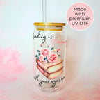 Reading is Dreaming 16oz Glass Tumbler, Book Lover Gift with Bamboo Lid Glass Straw, Aesthetic Floral Stocikng Filler Drinkware for Readers #CL