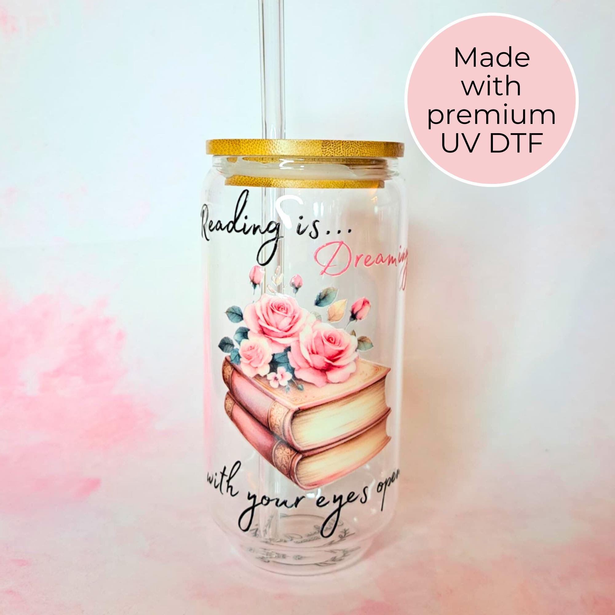 Reading is Dreaming 16oz Glass Tumbler, Book Lover Gift with Bamboo Lid Glass Straw, Aesthetic Floral Stocikng Filler Drinkware for Readers #CL