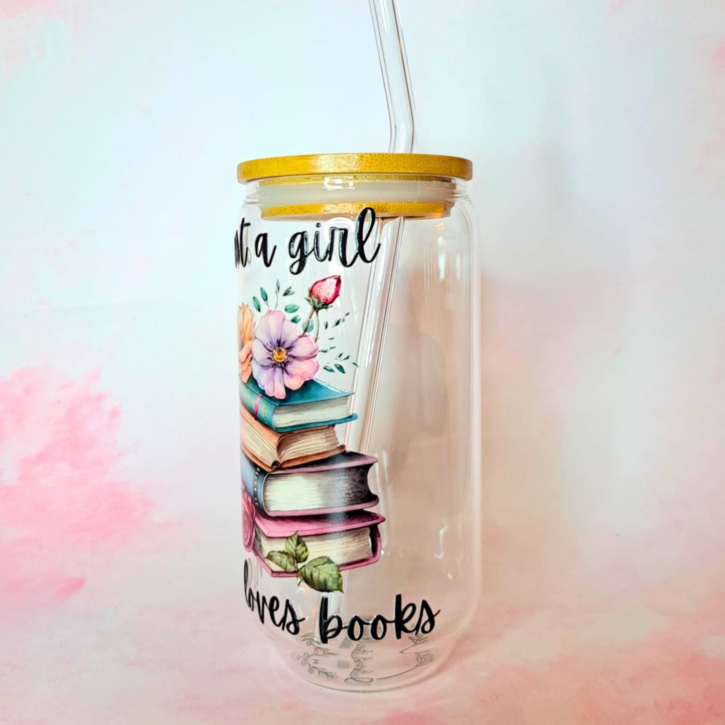 Just a Girl Who Loves Books 16oz Glass Tumbler, Bookish Gift for Readers, Bamboo Lid & Straw, Iced Coffee Smoothie Cocktail Glass Can Cup